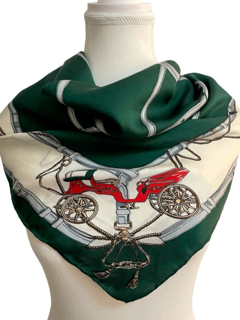 Vintage Equestrian Carriage Scarf Green Cream Hand Rolled 33” Square